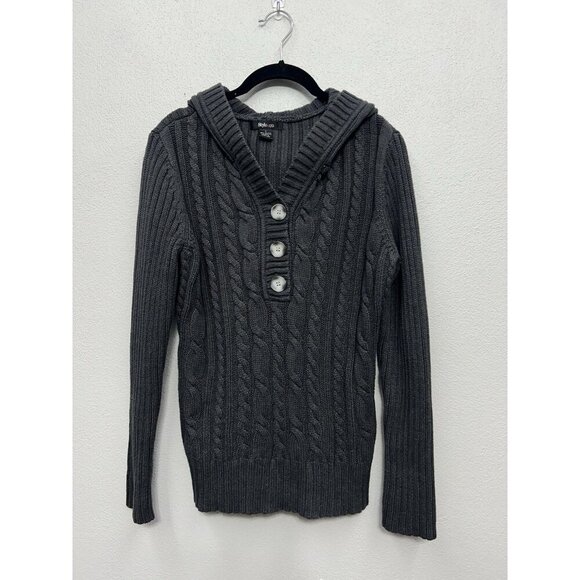 Womens Cable Knit Sweater Size Large Chunky Y2K Henley Hooded Grey Pullover - Picture 1 of 4